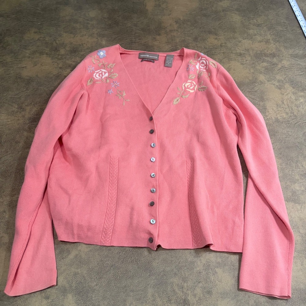 Valerie Separates Cardigan Women M Pink Floral Embroidered Pima Cotton V-Neck